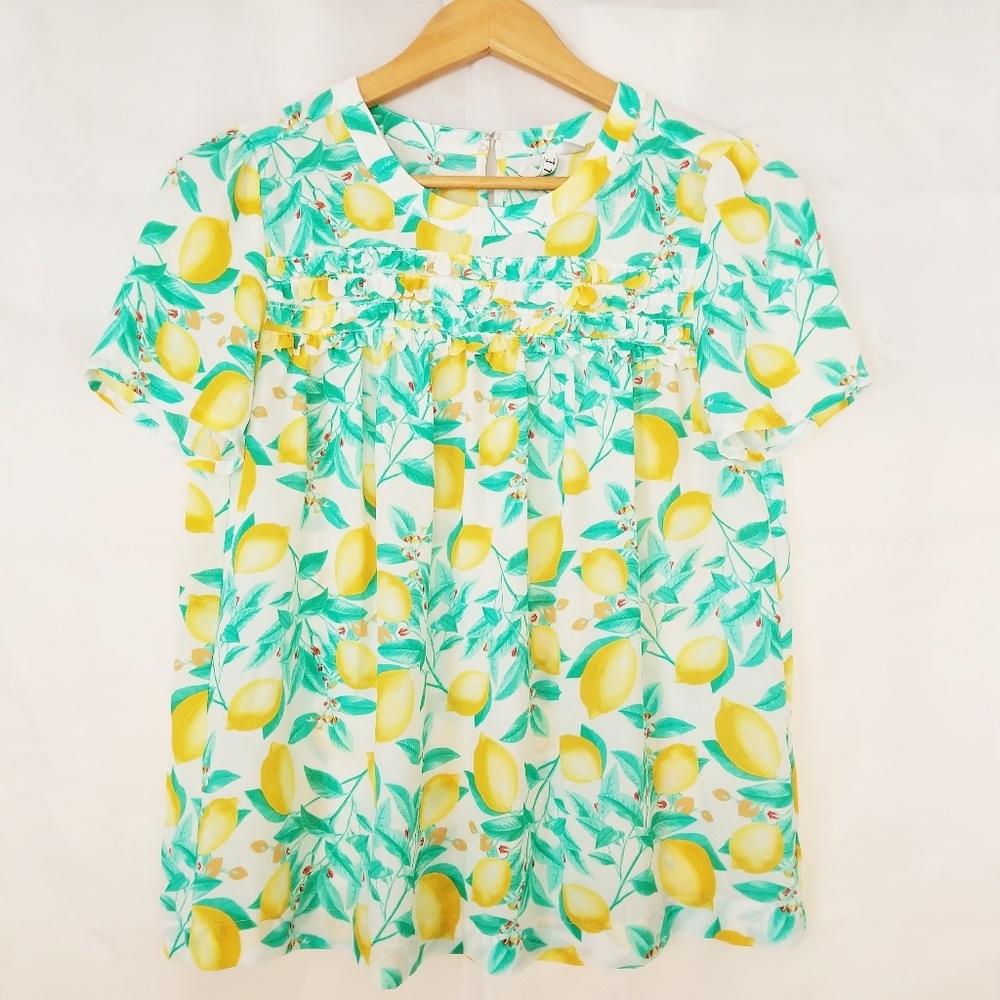 Elle Short Sleeve Blouse Lemon Print White Medium